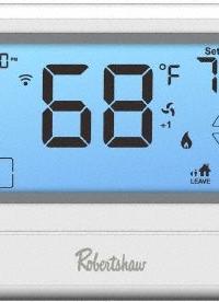ROBERTSHAW Digital WiFi Wall Thermostat,Programmabl: Heat and Cool, White, Touch Screen, Auto-On-Off (MPN RS10420T). Key specifications — Application: Heat and Cool; Housing Color: White; Programming Capability: Fully Customizable; Terminal Designations: Rh; Smart Capabilities: Voice Enabled; Humidification Control: No; Brand: ROBERTSHAW; Control Type: Touch Screen.