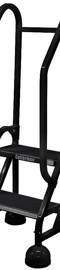COTTERMAN Rolling Ladder: 1.5 ft Platform Ht, Partially Assembled, Steel, Wt-Actuated Auto-Lock (MPN ST-201 A2 C7 P5). Key specifications — Includes Handrails: Handrails Included; Material: Steel; Brand: COTTERMAN; Color: Black.