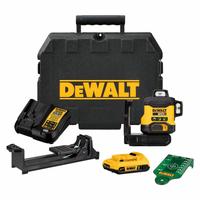DEWALT Laser: 3 Lines, Green Beam, 0 Planes, ±1/8 in @ 30 ft Accuracy, Horizontal/Vertical, Included (MPN DCLE34031D1). Key specifications — attr935979: 20V Max; attr934757: DEWALT; attr936112: ±1/8 in @ 30 ft; attr936114: Electronic Self-Leveling; attr935981: 20V 2 AMP Battery.