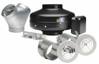 In-Line Duct Fan: 402 cfm Max., 8 in Duct, 130 W, 120V AC, 1 Ph, IP44, Galvanized Steel (MPN KIT-PV200X-DV). Key specifications — Includes: Mounting Bracket; Brand: SOLER & PALAU; Speed Controllable: Yes; High-Efficiency Motor: No; Nameplate Voltage: 120V AC; Number of Speeds: 1; Airflow @ 0.000 in SP - Range: 250 to 499 cfm; High-Efficiency Motor_Broad: Standard-Efficiency Motor.