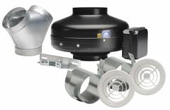 In-Line Duct Fan: 402 cfm Max., 8 in Duct, 130 W, 120V AC, 1 Ph, IP44, Galvanized Steel (MPN KIT-PV200X-DV). Key specifications — Includes: Mounting Bracket; Brand: SOLER & PALAU; Speed Controllable: Yes; High-Efficiency Motor: No; Nameplate Voltage: 120V AC; Number of Speeds: 1; Airflow @ 0.000 in SP - Range: 250 to 499 cfm; High-Efficiency Motor_Broad: Standard-Efficiency Motor.
