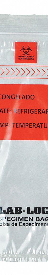 Specimen Transfer Bag: LDPE, Biohazard, 1.75 mil Thick, Clear, 9 in Overall Ht, LABZ69BBX, 1,000 PK. Key specifications — Brand: LK PACKAGING; Closure Type: Zipper; Product Type: Specimen Transfer Bag; Manufacturer Part Number: LABZ69BBX; Color: Clear; Display Sell UOM: PK; Legend: Biohazard.