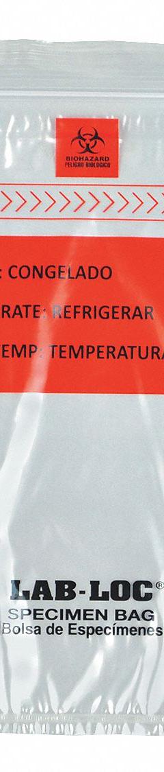 Specimen Transfer Bag: LDPE, Biohazard, 1.75 mil Thick, Clear, 9 in Overall Ht, LABZ69BBX, 1,000 PK. Key specifications — Brand: LK PACKAGING; Closure Type: Zipper; Product Type: Specimen Transfer Bag; Manufacturer Part Number: LABZ69BBX; Color: Clear; Display Sell UOM: PK; Legend: Biohazard.