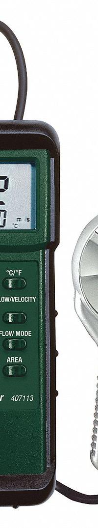 EXTECH Anemometer: 1 fpm Air Velocity Resolution, CFM, Rotating Vane, Air Velocity/Temp, 407113, LCD. Key specifications — Vane Material: Metal; Data Logging: Yes; Manufacturer Part Number: 407113; Brand: EXTECH; Temperature Accuracy: +/-1.5°F; Digital Display Screen Type: LCD; Display Type: Digital; Includes: Holster with Stand.