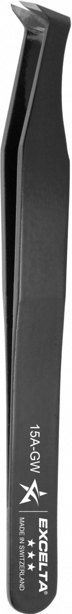 EXCELTA Tweezers: Carbon Steel, Round, Bent Tip, 0.25 in Tip Thick (MPN 15A-GW). Key specifications — attr1002355: Carbon Steel; attr1002345: EXCELTA; attr1002348: Carbon Steel; attr1002358: Smooth; attr1002361: 15A-GW; attr1024781: Standard.