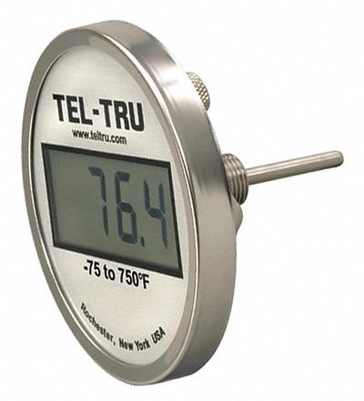 TEL-TRU Digital Thermometer: 4 in Stem Lg, -75°F to 750°F, ±0.5°F/0.3°C, 1/2 in Thread Size - Fixed-Angle General Purpose Digital Thermometers