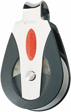 RONSTAN Pulley Block: Fixed, Pulling, 1,650 lb Working Load Limit, 1/2 in Compatible Rope Dia, Plain (MPN RF51101). Key specifications — Product Type: Pulley Block; Brand: RONSTAN; Compatible Rope Type: Fibrous Rope; Pulley Type: Fixed; Attachment Type: Fixed Eye; Operation: Pulling; Bearing Type: Sleeve; Finish: Plain.