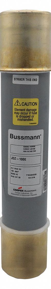 BUSSMANN Medium Voltage Fuse: JDZ Series, E-Rated, Time-Delay, 100 A, 8.3 kV AC, Indicating (MPN JDZ-100E). Key specifications — attr211188: BUSSMANN; attr1287189: JDZ.