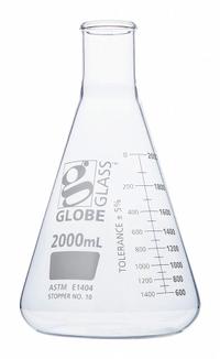 GLOBE SCIENTIFIC Erlenmeyer Flask: 2 L, Colorless, Conical, A, 10 Compatible with Stopper Size (MPN 8402000). Key specifications — Shape: Conical; Body Color: Colorless; Brand: GLOBE SCIENTIFIC; Compatible with Stopper Size: 10; USP Specification: Type I.