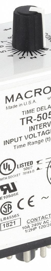 MACROMATIC Single Function Time Delay Relay: Socket Mounted, 120V AC/DC, 10 A, 8 Pins/Terminals (MPN TR-50522-05). Key specifications — Brand: MACROMATIC.