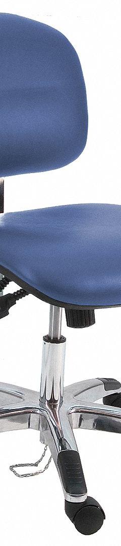 Ergonomic Chair: Vinyl, Armless, Ht Range 17 in to 22 in, 19 in Seat Wd, 17 in Seat Dp, 5 Casters (MPN LAS-DCR-TLC-WW-BLUE). Key specifications — Foot Support: No; Back Tilt Backward: 80°; Back Tilt Forward: 105°; Base Material: Aluminum; Brand: BENCHPRO; Product Type: Cleanroom Ergonomic Chair; Cleanroom Class: ISO 5; ESD-Safe: Not ESD Safe.