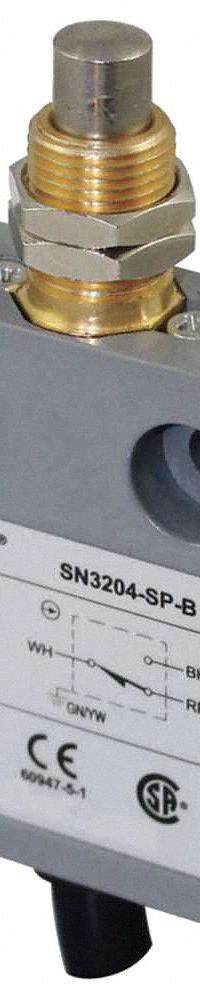 DAYTON Limit Switch: Plunger Actuator, 25 mm Mounting Hole Horizontal Center to Center Distance, Top (MPN 12T946). Key specifications — Manufacturer Part Number: 12T946; Brand: DAYTON; Electrical Connection: 9.8 ft Cable (4 Wire, 18 AWG, SJT); Actuator Type: Plunger.