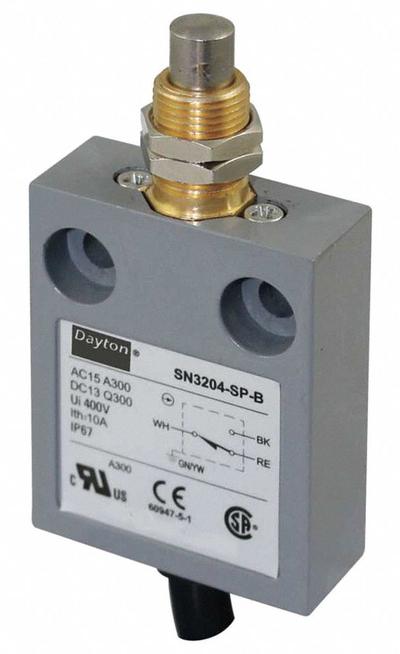 Dayton Limit Switch: Plunger Actuator, 25 mm Mounting Hole Horizontal Center to Center Distance - Top-Mount Plunger Limit Switches