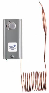 JOHNSON CONTROLS Remote Bulb thermostat: 50° to 130°F, Steel, Adj, 3.5° to 14°F, 120 to 277V AC Volt (MPN A19ABC-4C). Key specifications — Switch Type/Action: SPDT, Open/Close on Rise; Temperature Control Range: 50° to 130°F; Temperature Differential: 3.5° to 14°F; Voltage: 120 to 277V AC; Capillary Length/Bulb Diameter: 8 ft Capillary, 5 in x 3/8 in Bulb; Brand: JOHNSON CONTROLS; Differential Type: Adjustable; Enclosure Material: Steel.
