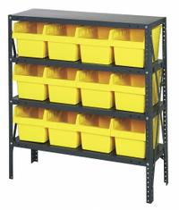 QUANTUM STORAGE SYSTEMS Bin Shelving: 36 in x 18 in x 39 in, 1 Sided, 12 Bins, Open, Shelf Bin (MPN 1839-SB808YL). Key specifications — Includes Bins: Yes; Bin Material: Polypropylene; Frame Color: Gray; Bin HxWxD: (12) 6 in x 8-3/8 in x 11-5/8 in; Frame Material: Steel; Bin Color: Yellow; Bin Style: Shelf; Brand: QUANTUM STORAGE SYSTEMS.