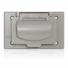 LEVITON Weatherproof Cover: Aluminum, Decora/FS/GFCI, 1 Gangs, 2 15/16 in Overall Ht, 3R, Gray (MPN WM1HF-GY). Key specifications — Brand: LEVITON; Color: Gray; Compatible with Product Type: Receptacles; Compatible with Series: Decora; Mounting Orientation: Horizontal.