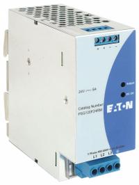 EATON DC Power Supply: DIN Rail, 120 W Output Power - Rated, 5 A Current - Output, Three Phase (MPN PSG120F24RM). Key specifications — attr1044898: Three; attr1044874: Aluminum; attr1044879: 400 to 500V AC; attr211400: EATON.