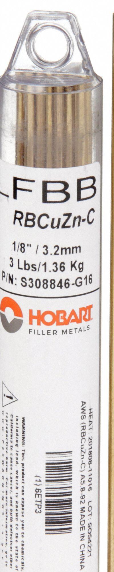 HOBART Brazing Alloy: Low-Fuming Bronze, 0%, RBCuZn-C, 1/8 in x 36 in, Bare - Low-Fuming Bronze Brazing Alloys