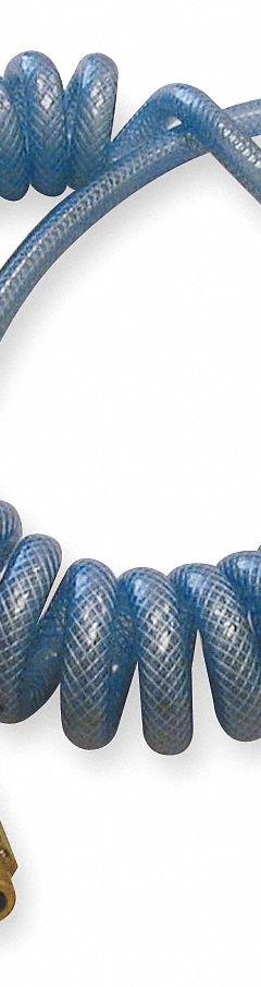 ATP Coiled Air Hose: 3/8 in Hose Inside Dia., Blue, Brass x Brass, 3/8 in x 3/8 in Fitting Size (MPN PBS38-20CB2). Key specifications — Fitting Material: Brass x Brass; Fitting Type: MNPT x MNPT; Hose Color: Blue; Brand: ATP.