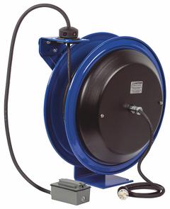 COXREELS Extension Cord Reel: Ratchet Lock, 75 ft Cord Lg, 12 AWG, SJO, 5-20R Cord Lg, 5-20P, Blue (MPN PC19-7512-F). Key specifications — Retractable Cord Ending NEMA Configuration: 5-20R; Feeder Cord Ending NEMA Configuration: 5-20P; Brand: COXREELS.