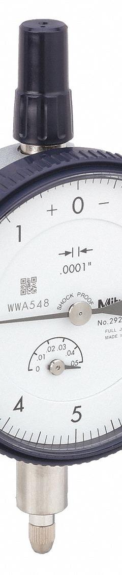 MITUTOYO Dial Indicator - Flat Back: 0 in to 0.05 in, Inch, Plunger, 0.0001 in/0.0002 in Accuracy (MPN 2923AB-10). Key specifications — attr1184168: 2923AB-10; attr1184178: 0-5-0; attr1184223: MITUTOYO; attr1200883: Dial Indicator - Flat Back; attr1184173: AGD 2; attr1184177: 0.0001 in; attr1184208: Certificate of Inspection.
