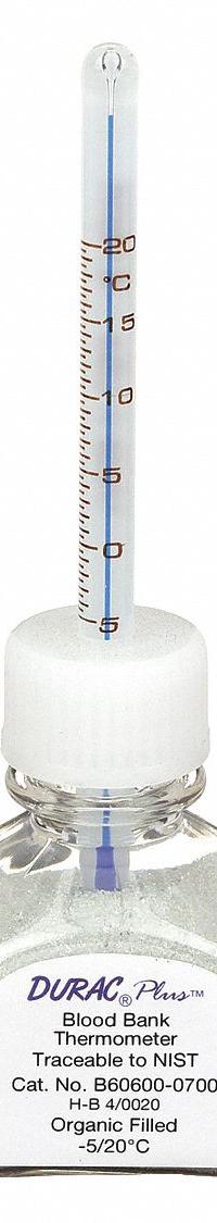 DURAC PLUS Bottle Thermometer: -5°C to 20°C, +/-0.75°C, 30 mL Bottle Volume, Glass Beads (MPN B60600-0700). Key specifications — Bottle Fill Medium: Glass Beads; Temperature Units: Celsius; Accuracy: +/-0.75°C; Brand: DURAC PLUS.