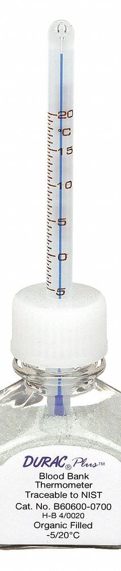 DURAC PLUS Bottle Thermometer: -5°C to 20°C, +/-0.75°C, 30 mL Bottle Volume, Glass Beads (MPN B60600-0700). Key specifications — Bottle Fill Medium: Glass Beads; Temperature Units: Celsius; Accuracy: +/-0.75°C; Brand: DURAC PLUS.