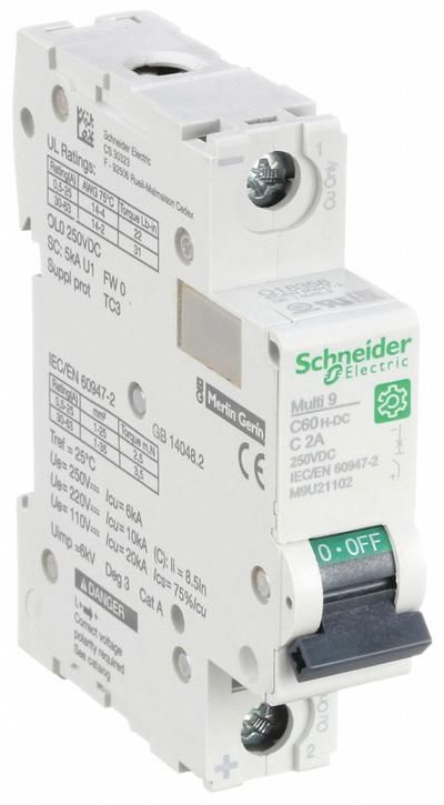 SCHNEIDER Supplementary Protector: 2 A Amps, 250V DC, 5kA at 250V DC, Screw Clamp - DC-Only Rated, 1-Pole UL1077 DIN Rail-Mount Supplementary Protectors