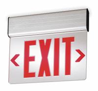 Edge-lit Exit Sign: 2 Faces, Red, Aluminum, Universal Field Selectable Chevrons, LED, Silver (MPN EDGNY 2 R M4). Key specifications — Housing Color: Silver; Brand: LITHONIA LIGHTING; Lighting Technology: LED; Self Diagnostics: No; Housing Material: Aluminum; Text Color: Red.