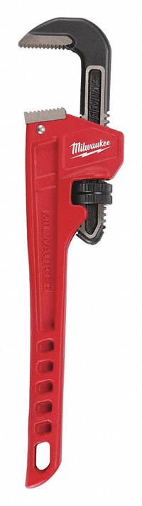 MILWAUKEE Pipe Wrench: Alloy Steel, 2 in Jaw Capacity, Serrated, 14 in Overall Lg, Ergonomic (MPN 48-22-7114). Key specifications — attr309808: Ergonomic; attr309815: Alloy Steel; attr324941: MILWAUKEE.