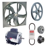 Exhaust Fan with Drive Package: Belt Drive, 24 in Blade, 1/2 hp, 6,950 cfm, 115/208-230V AC, 1 ph (MPN 7M7V8). Key specifications — Frame Finish: Zinc Plated; Assembled: Unassembled; Brand: DAYTON; Nameplate Voltage: 115/208-230V AC; Frame Material: Steel; Guard Type: None; Motor Insulation: Class B; Motor Enclosure: Open Dripproof.