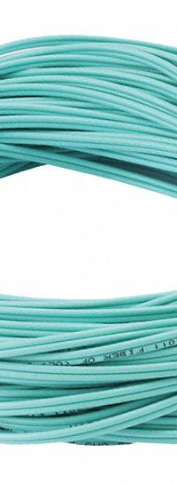MONOPRICE Fiber Optic Patch Cord: Multi-Mode, 30 m Lg, LC End 1, LC End 2, Aqua, PVC, 2 Fiber Count (MPN 7625). Key specifications — Fire Rating: Riser; Jacket Material: PVC; Number of Fibers: Duplex; Brand: MONOPRICE; _Fiber Optic Cable Style: 50/125µ OM4.
