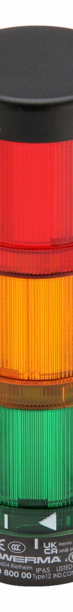 WERMA Tower Light Assembly: 3 Tier, Green/Red/Yellow, No Sounder Tier, 212 mm Overall Ht, 64900001. Key specifications — Manufacturer Part Number: 64900001; Brand: WERMA; Operating Voltage: 24V AC/DC; Light Tier Color: Yellow.