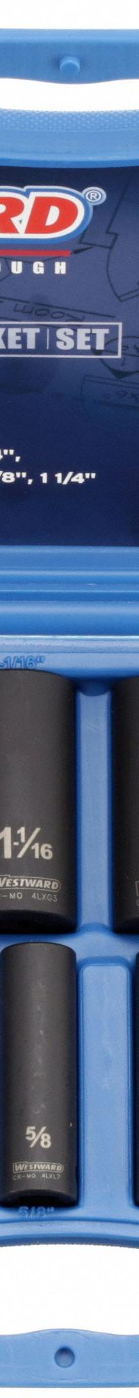 WESTWARD Impact Socket Set: 1/2 in Drive Size, Small Set (0-50 pieces) Set Size, 13 Pieces, SAE (MPN 4PRG3). Key specifications — attr1204251: WESTWARD; attr1215453: 1/2 in; attr1215454: 7/16 in to 1-1/4 in.