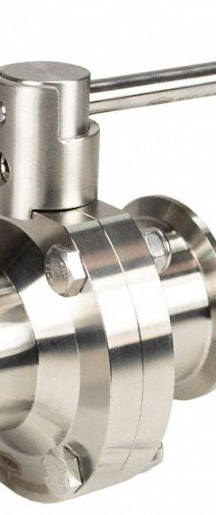 DIXON Butterfly Valve: 1 in Pipe Size, Clamp, 140 psi Max. Pressure (CWP), 316L Stainless Steel, FKM (MPN B5107V100CC-A). Key specifications — Average Surface Roughness (Ra): ≤ 32 micron; Brand: DIXON; Stop Positions: 4; Handle Type: Lever; Body Material: 316L SS; Disc Material: 316L SS.
