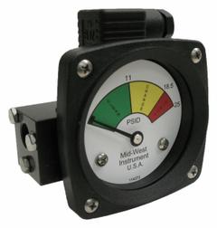 MIDWEST INSTRUMENT 3-Color Differential Pressure Indicator: 1,000 psig Max. Static Pressure, 522 (MPN 522A-025V-LA). Key specifications — Brand: MIDWEST INSTRUMENT; Accuracy: ±5% of Full Scale; Sensor Material: Viton; Housing Material: Aluminum; Transition Points: 0 psid to 11 psid (Green) / 11 psid to 18.5 psid (Yellow) / 18.5 psid to 25 psid (Red).