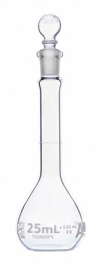 GLOBE SCIENTIFIC Volumetric Flask: 25 mL, Colorless, A, 0.03 mL, Includes Closure, 11 mm Overall Ht (MPN 8200025). Key specifications — Tolerance: 0.03 mL; Body Color: Colorless; Brand: GLOBE SCIENTIFIC; Compatible with Stopper Size: 9; USP Specification: Type I.