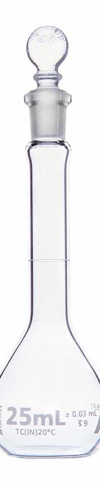 GLOBE SCIENTIFIC Volumetric Flask: 25 mL, Colorless, A, 0.03 mL, Includes Closure, 11 mm Overall Ht (MPN 8200025). Key specifications — Tolerance: 0.03 mL; Body Color: Colorless; Brand: GLOBE SCIENTIFIC; Compatible with Stopper Size: 9; USP Specification: Type I.