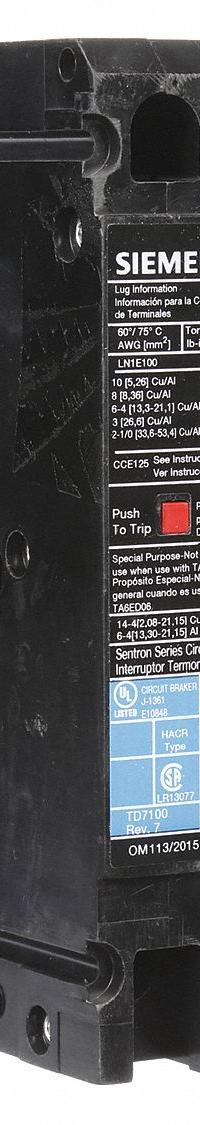 SIEMENS Molded Case Circuit Breaker: 40 A Amps, 10kA at 240V AC, Fixed, Load Side Lug, Any, ED2 (MPN ED22B040). Key specifications — Phase Connection: Any; Instantaneous Trip: Fixed; Terminal Connection: Load Side Lug; Series: ED2; Max. AIR Rating: 10kA at 240V AC.