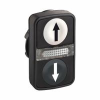 SCHNEIDER ELECTRIC Multihead Operator: Illuminated, 3 Button, Flush Profile, 22 mm Mounting Size (MPN ZB5AW7A1724). Key specifications — Brand: SCHNEIDER; Action: Momentary/Momentary/Momentary; Head/Lens Color: (2) White; Legend: Down Arrow; Series: XB5; Push Button Material Type: Non-Metallic.
