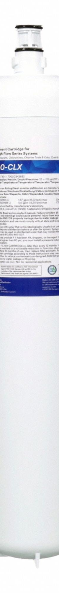 3M Quick-Connect Water Filter: 0.2 micron, 5 gpm, 54,000 gal, 5 in Overall Ht, 5 1/8 in Overall Dia (MPN HF90-CLX; 5637301). Key specifications — Filter Media: Activated Carbon; Reduces: Chloramine; Brand: 3M.