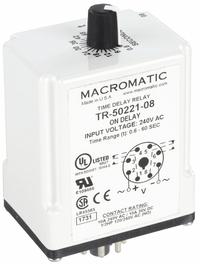 MACROMATIC Single Function Time Delay Relay: Socket Mounted, 240V AC, 10 A, 8 Pins/Terminals (MPN TR-50221-08). Key specifications — Brand: MACROMATIC.