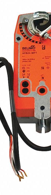 Actuator: Dampers, Multi-Functional Technology (MFT), Spring Return, 180 in-lb, 24V AC/DC, Hardwired (MPN AFB24-MFT). Key specifications — Manufacturer Part Number: AFB24-MFT; Shaft Rotation: CW/CCW; Stroke Degree: 95°; Power Rating: 7.5W; Input Voltage: 24V AC/DC; Compatible Building Automation Protocols: LonWorks; Brand: BELIMO; For Use With Building Automation Systems: Building Automation System Compatible.
