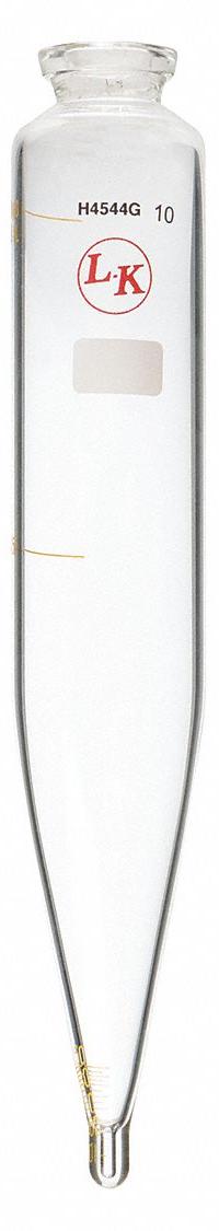 LK INDUSTRIES Capillary Tube: 100 mL, Capillary Tube, 14 mm Body Dia, 203.2 mm Overall Ht, Colorless (MPN S10EFV15). Key specifications — Graduated: Yes; Includes Closure: Yes; Body Color: Colorless; Brand: LK INDUSTRIES; Bottom Shape: Conical.