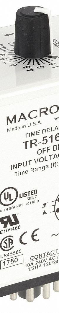 MACROMATIC Single Function Time Delay Relay: Socket Mounted, 240V AC, 10 A, 11 Pins/Terminals (MPN TR-51621-14). Key specifications — Brand: MACROMATIC.