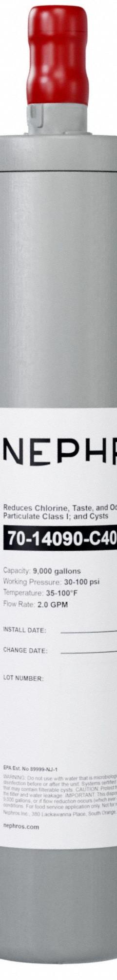 NEPHROS Quick-Connect Water Filter: 1 micron, 2 gpm, 14 3/4 in Overall Ht, 3 in Overall Dia (MPN 70-14090-C40). Key specifications — Product Type: Quick-Connect Water Filter; Filter Media: Carbon; Brand: NEPHROS; Reduces: Class 1 Particulate.