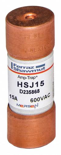 MERSEN Fuse: HSJ Series, Class J, Cylindrical Body, Very-Fast-Acting, 15 A, 600 V AC, 500 V DC (MPN HSJ15). Key specifications — Series: HSJ; Brand: MERSEN.