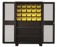 JAMCO Bin Cabinet: 48 in x 24 in 78 in, 2 Shelves, 20 Bins, Yellow, Ventilated, 14 ga Panel, Black (MPN DY248BL). Key specifications — Bin Color: Yellow; Bin HxWxD: (20) 7 in x 8-1/4 in x 11 in; Assembled: Assembled; Cabinet Style: Shelf and Bin; Brand: JAMCO; Cabinet Color: Black; Cabinet Finish: Powder Coated; Cabinet Material: Steel.