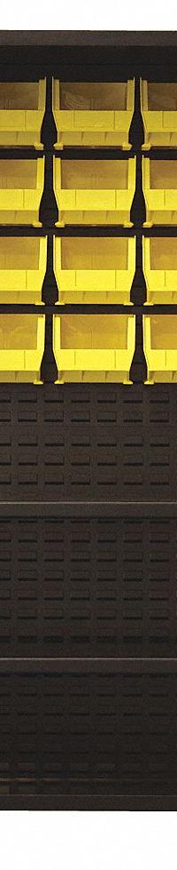 JAMCO Bin Cabinet: 48 in x 24 in 78 in, 2 Shelves, 20 Bins, Yellow, Ventilated, 14 ga Panel, Black (MPN DY248BL). Key specifications — Bin Color: Yellow; Bin HxWxD: (20) 7 in x 8-1/4 in x 11 in; Assembled: Assembled; Cabinet Style: Shelf and Bin; Brand: JAMCO; Cabinet Color: Black; Cabinet Finish: Powder Coated; Cabinet Material: Steel.