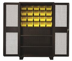 JAMCO Bin Cabinet: 48 in x 24 in 78 in, 2 Shelves, 20 Bins, Yellow, Ventilated, 14 ga Panel, Black (MPN DY248BL). Key specifications — Bin Color: Yellow; Bin HxWxD: (20) 7 in x 8-1/4 in x 11 in; Assembled: Assembled; Cabinet Style: Shelf and Bin; Brand: JAMCO; Cabinet Color: Black; Cabinet Finish: Powder Coated; Cabinet Material: Steel.